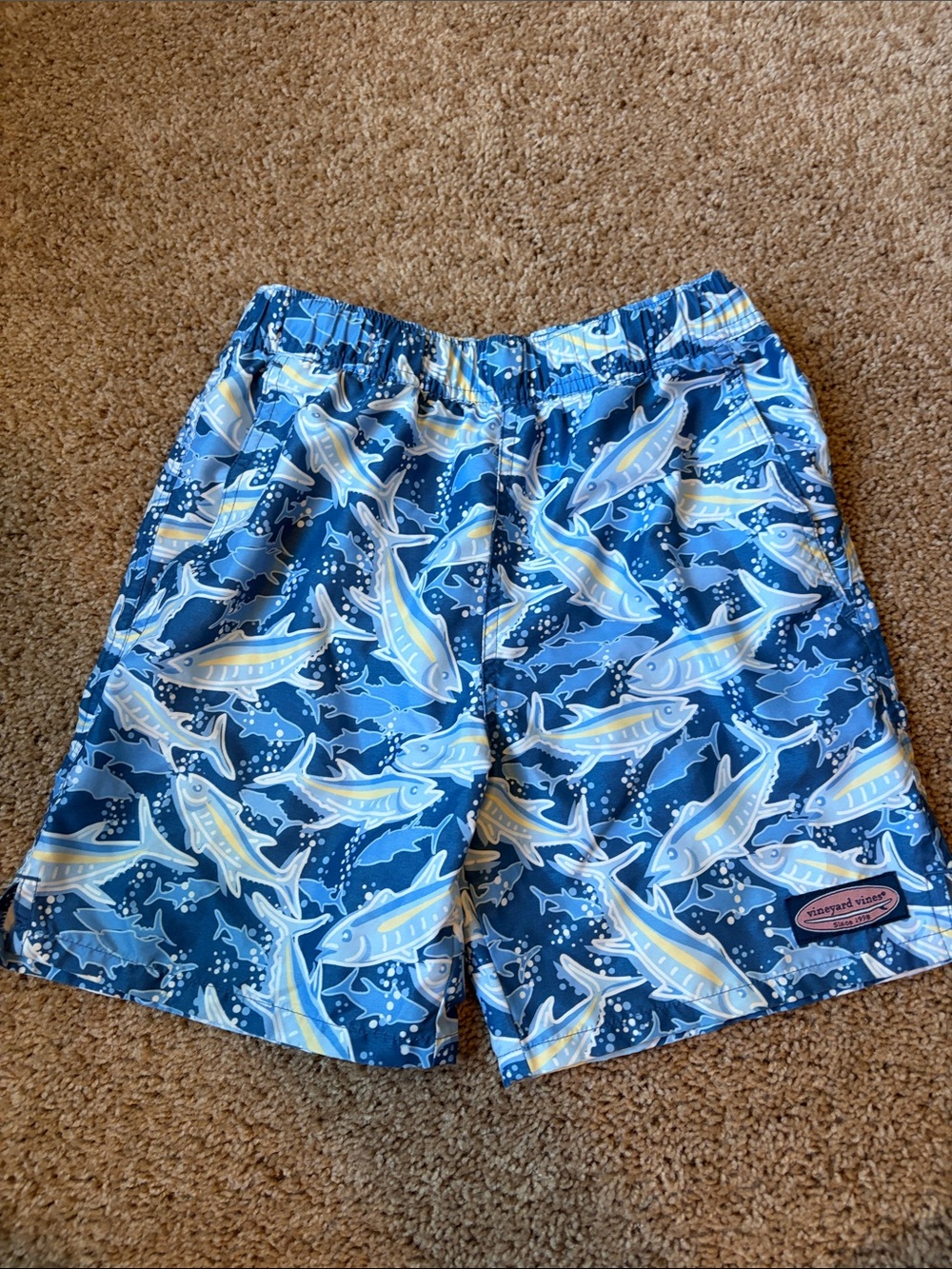 Vineyard Vines boys  Blue Fish-Print Swim Shorts